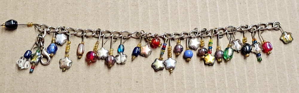 Stainless Steel 7 1/2" Crystal Heart Star Charm Bracelet Silver Tone